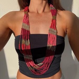 Statement pink coral and gold multi-strand beaded boho necklace